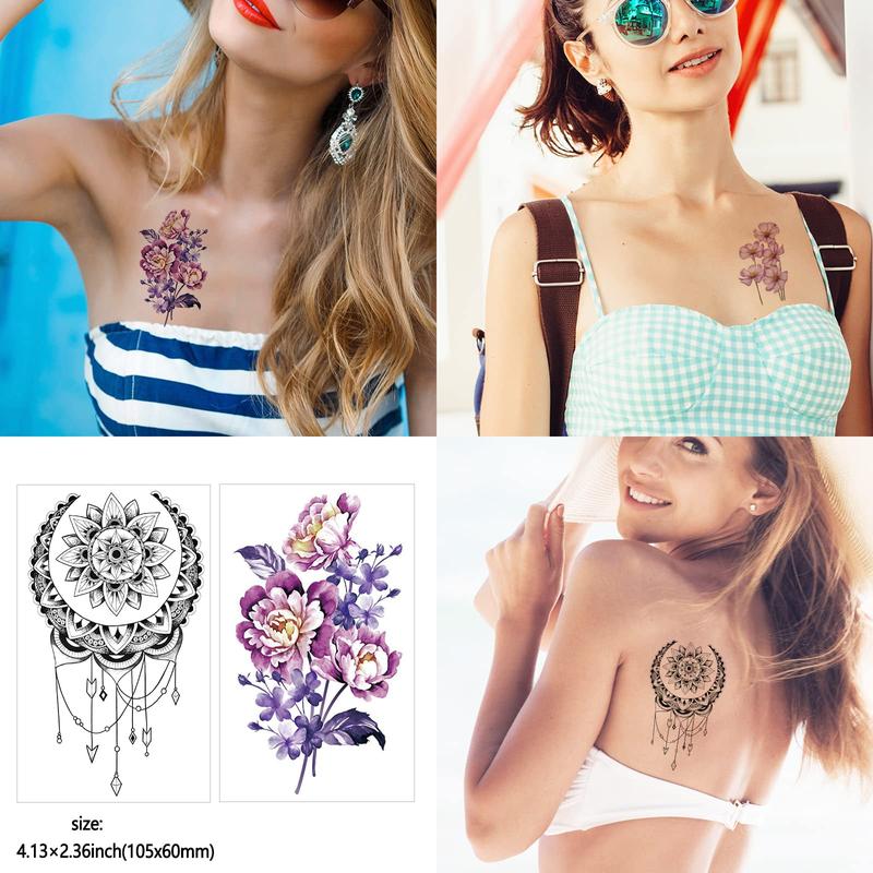 72-82 Sheets Flowers Temporary Tattoo Stickers, Roses, Butterflies and Multicolor Mixed Style Body Art Temporary Tattoos for Women, Girls