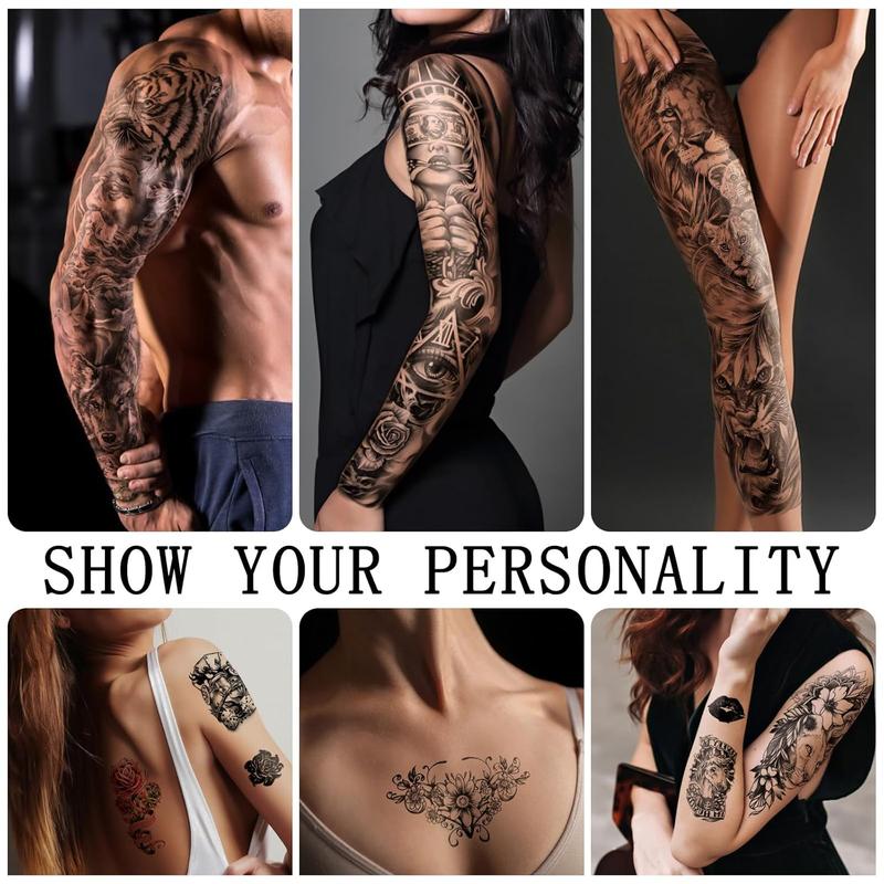 46 Sheets Full Arm Temporary Tattoo with Lion, Temporary Tattoo Sleeves for Men, Fake Tattoos Adult Realistic with Flower, Full Sleeve Tattoos for Women, Wolf Eagle  Deer