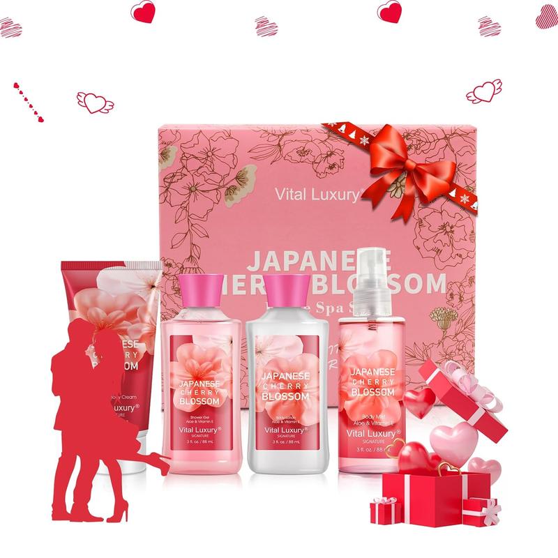 Bath & Body Kit, 3 Fl Oz Travel Size, Ideal Skincare Relaxing Home Spa Set, Includes Body Lotion, Shower Gel, Body Cream, and Fragrance Mist, Bath Gifts for Her and Him (Japanese Cherry