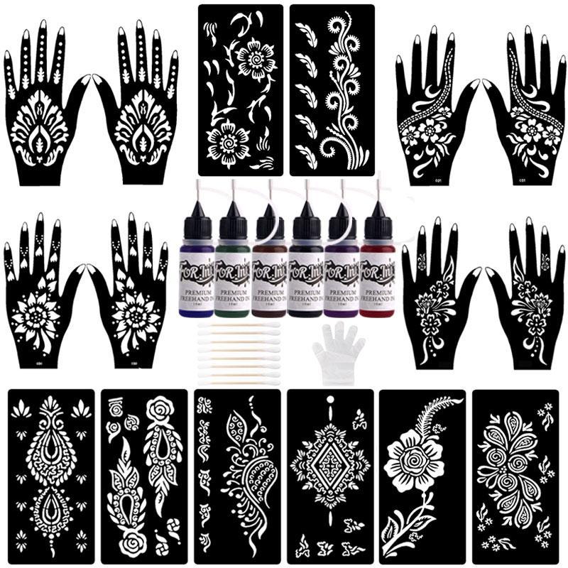 Mixed Color Semi-permanent Tattoo Kit, 1 Set Long-lasting Temporary Tattoo Ink Gel & Sheets Stencils & Accessories, Body Art Kit for Women & Men