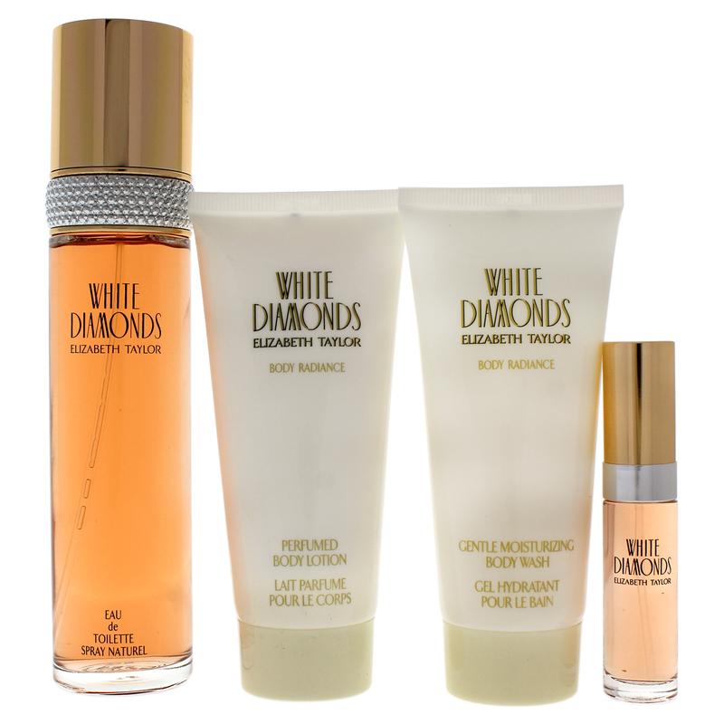 White Diamonds by Elizabeth Taylor for Women - 4 Pc Gift Set 3.3oz EDT Spray, 3.3oz Gentle Moisturizing Body Wash, 3.3oz Perfumed Body Lotion, 10ml EDT Spray