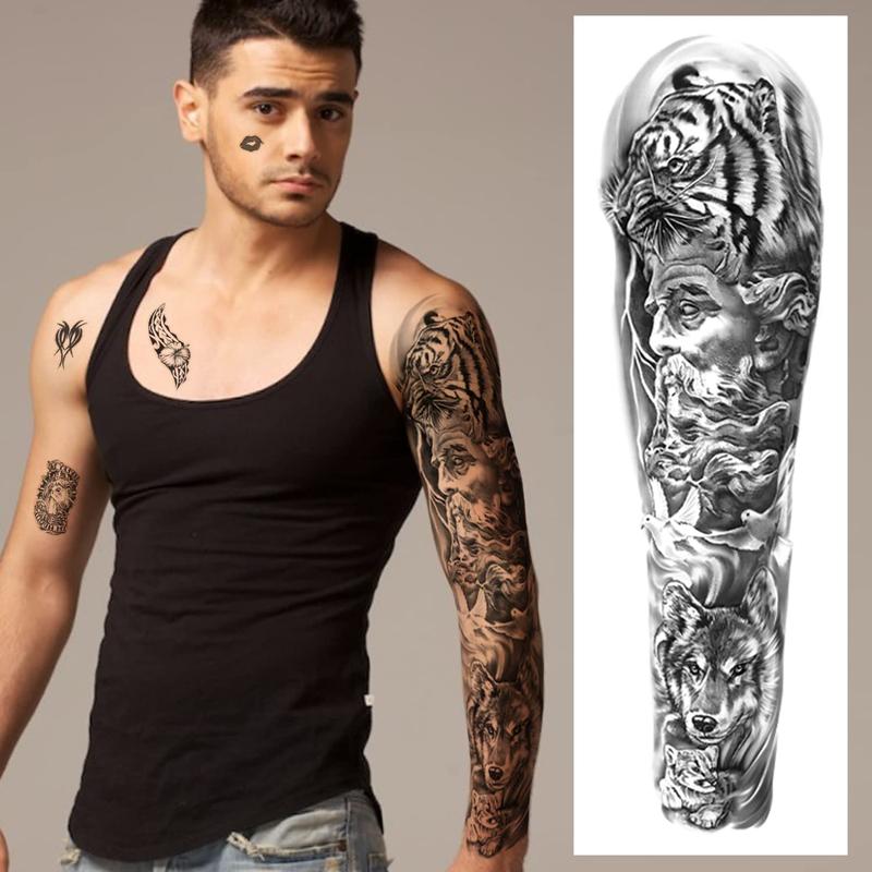 46 Sheets Full Arm Temporary Tattoo with Lion, Temporary Tattoo Sleeves for Men, Fake Tattoos Adult Realistic with Flower, Full Sleeve Tattoos for Women, Wolf Eagle  Deer