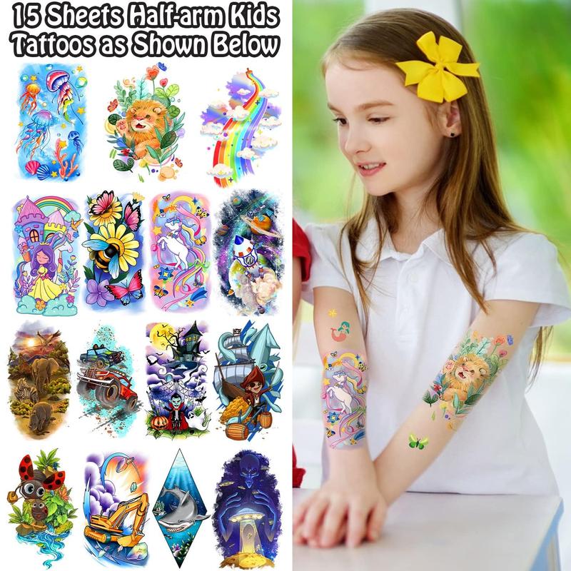 66 Sheets Full & Half Arm Temporary Tattoos Sleeves for , Mixed Size Fake Tattoo Stickers with Dinosaur Cars Mermaid, Hawaiian Party Faovrs Supplies