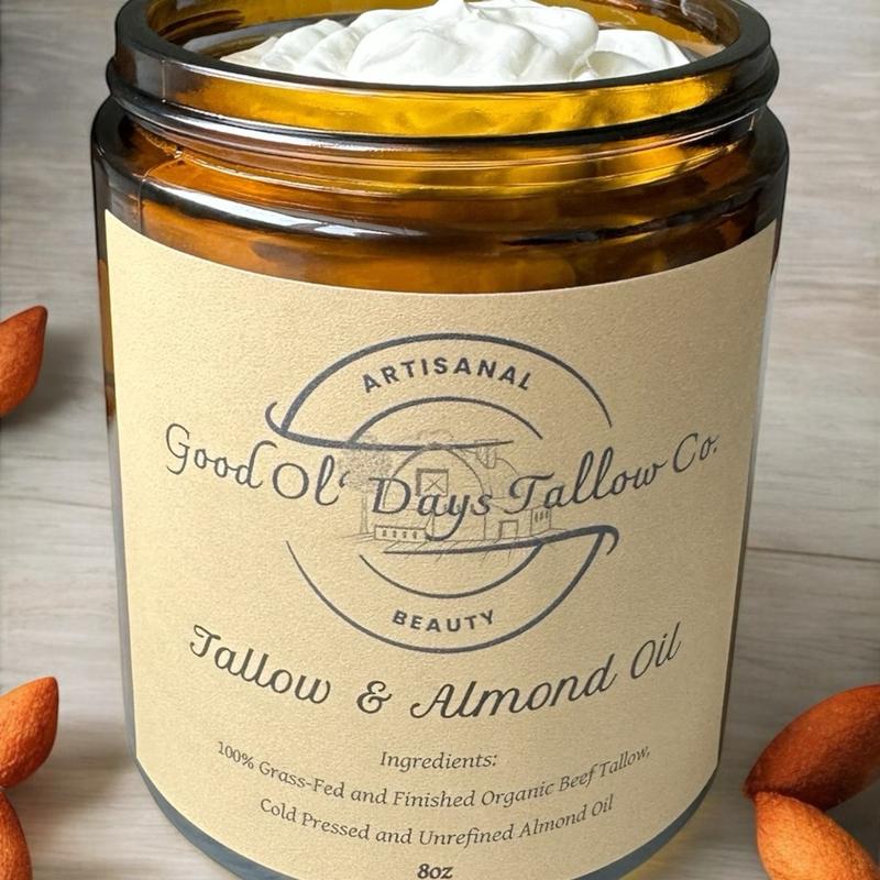 Tallow and Almond Oil- Moisturizing Cream with 100% Grass Fed and Finished Organic Beef Tallow and Almond Oil for Skin Nourishment and Soothing - Body Care, Moisture