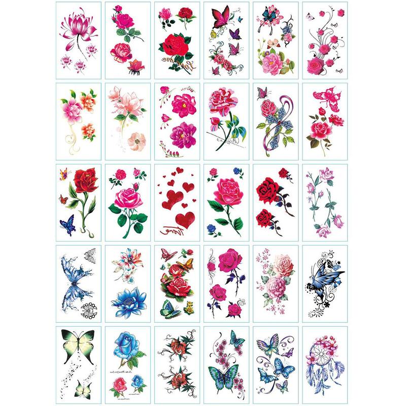 Rose Flower Butterfly Pattern Temporary Tattoo Sticker, 30pcs set Colorful Long Lasting Fake Tattoo Sticker, Body Art Sticker for Women & Girls