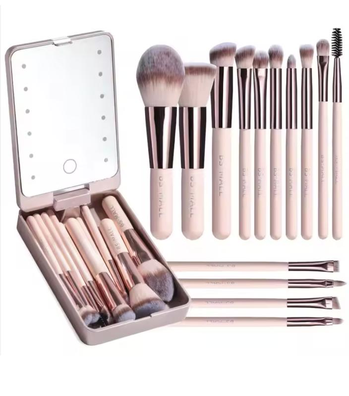 MAR'F BEAUTY: BS-MALL 14PCS Travel Makeup Brush Set with   and Mirror Professional LED Storage Makeup Brush Set Light