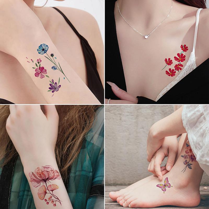 Floral & Butterfly Pattern Temporary Tattoo Sticker, 30pcs set Waterproof Temporary Tattoo Decals, Colorful Body Art Stickers for Back Arm Leg