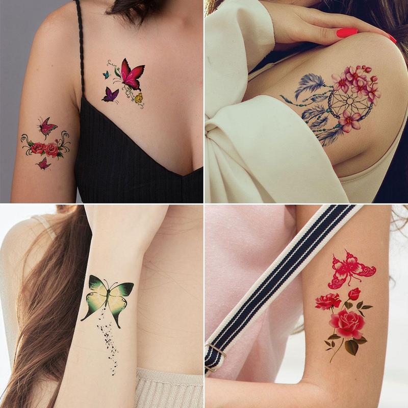 Rose Flower Butterfly Pattern Temporary Tattoo Sticker, 30pcs set Colorful Long Lasting Fake Tattoo Sticker, Body Art Sticker for Women & Girls