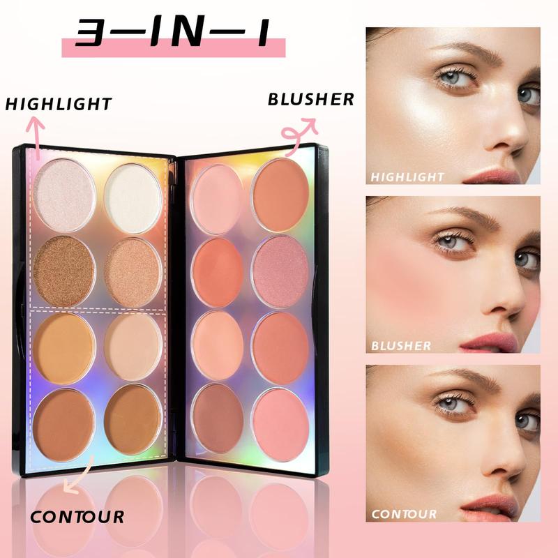 16 - Color Blush Contour Highlighter Makeup Palette with Brush: Matte Mineral Blush, Shimmer Illuminator & Bronzer for Professional Facial Beauty