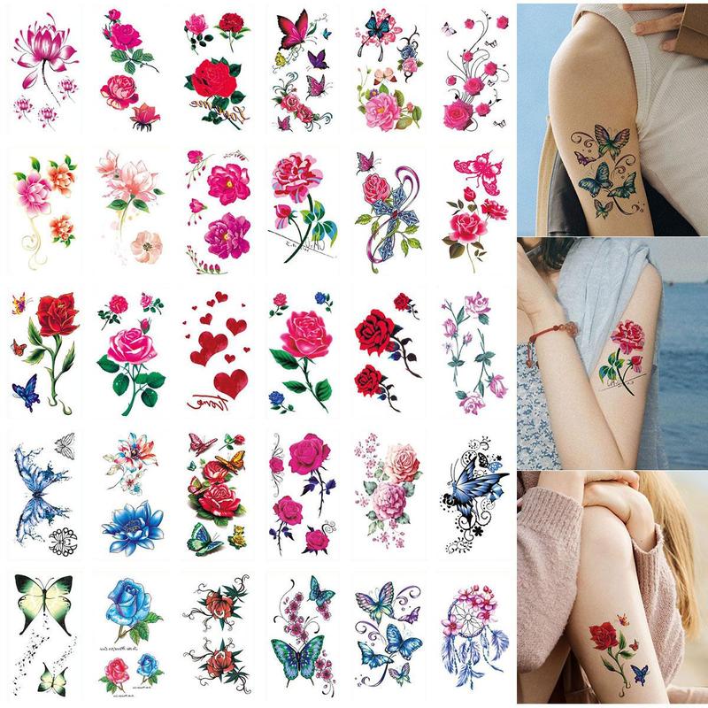 Rose Flower Butterfly Pattern Temporary Tattoo Sticker, 30pcs set Colorful Long Lasting Fake Tattoo Sticker, Body Art Sticker for Women & Girls