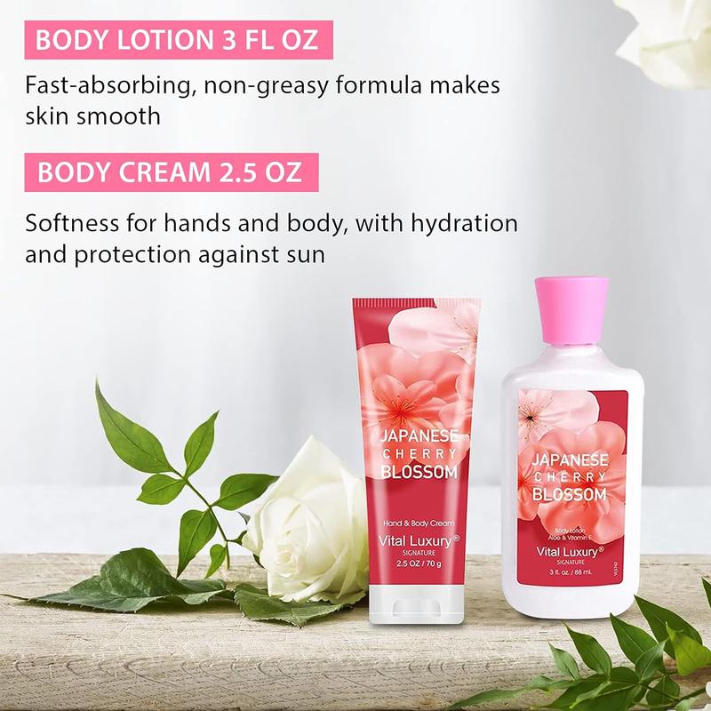 Bath & Body Kit, 3 Fl Oz Travel Size, Ideal Skincare Relaxing Home Spa Set, Includes Body Lotion, Shower Gel, Body Cream, and Fragrance Mist, Bath Gifts for Her and Him (Japanese Cherry