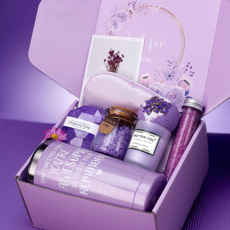 Ladies Christmas, Thanksgiving, Birthday gift, self-care gift, Relaxation spa Gift, care pack, unique anniversary purple gift basket set, mother, wife, friend, sister, her