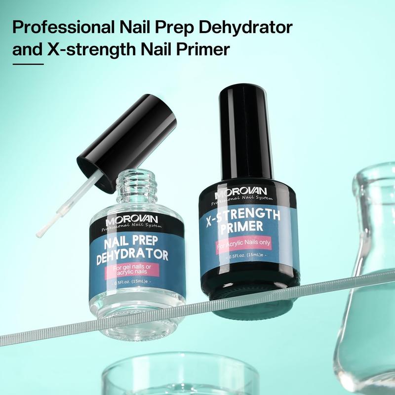 Morovan Nail Prep Dehydrator and Nail Primer X-strength, No Burn Non Acid Nail Primer and Dehydrator for Acrylic Powder Fast Dry 0.5oz Nail Primer Set