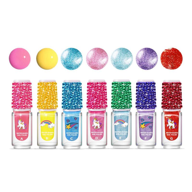 Unicorn Themed Water-based Nail Polish Set, 7 Counts Quick Dry Nail Polish & 8 Counts Rhinestone Sticker, Nail Art & Nail Polish Kit for Women & Girls