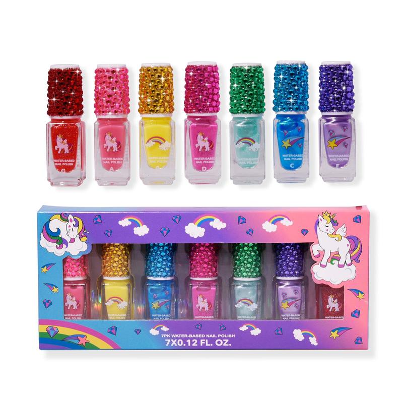 Unicorn Themed Water-based Nail Polish Set, 7 Counts Quick Dry Nail Polish & 8 Counts Rhinestone Sticker, Nail Art & Nail Polish Kit for Women & Girls