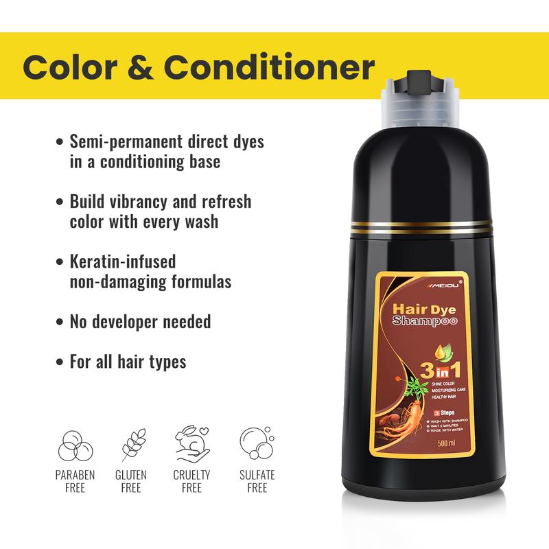 MEIDU Brown Hair Dye Shampoo,3 in 1 Herbal Ingredients Hair Color Shampoo,Contains Ginseng Extract, Salon, Natural Haircoloring,black hairdye