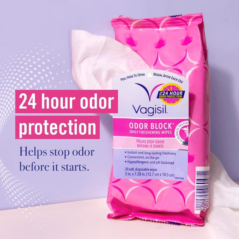 Vagisil Odor Block Daily Freshening Wipes for Feminine Hygiene in Resealable Pouch, Gynecologist Tested & Hypoallergenic, 20 Wipes (Pack of 1) No brand