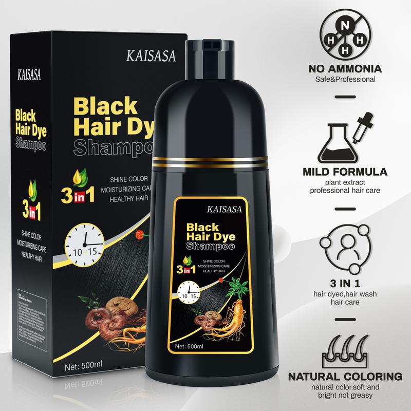 KAISASA Black Hair Dye Shampoo,3 in 1 Herbal Ingredients,Contains Ginseng Extract,Can cover gray hairs,Natural Haircoloring,Plant Haircare