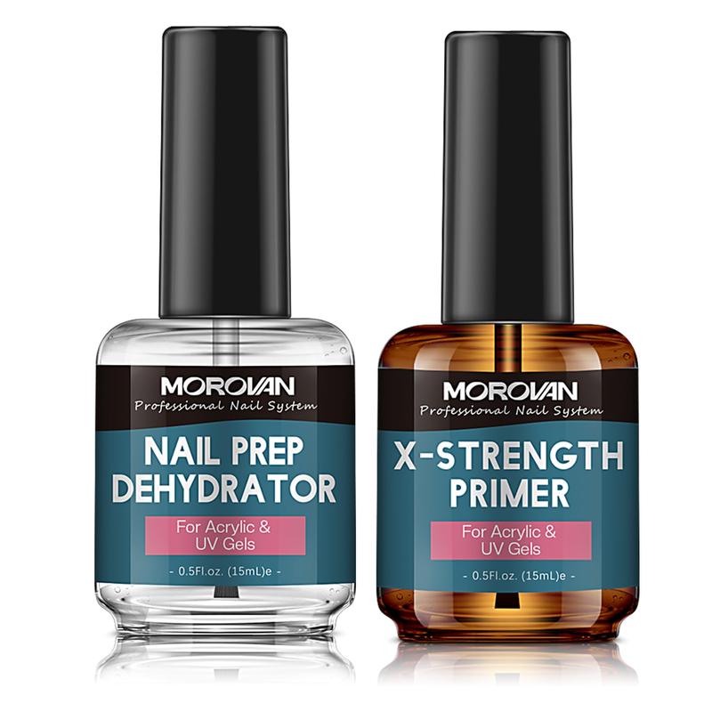 Morovan Nail Prep Dehydrator and Nail Primer X-strength, No Burn Non Acid Nail Primer and Dehydrator for Acrylic Powder Fast Dry 0.5oz Nail Primer Set