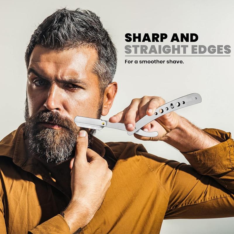 Professional Barber Straight Edge Razor Safety with 100-Pack Blades - 100 Percent Stainless Steel (Silver)