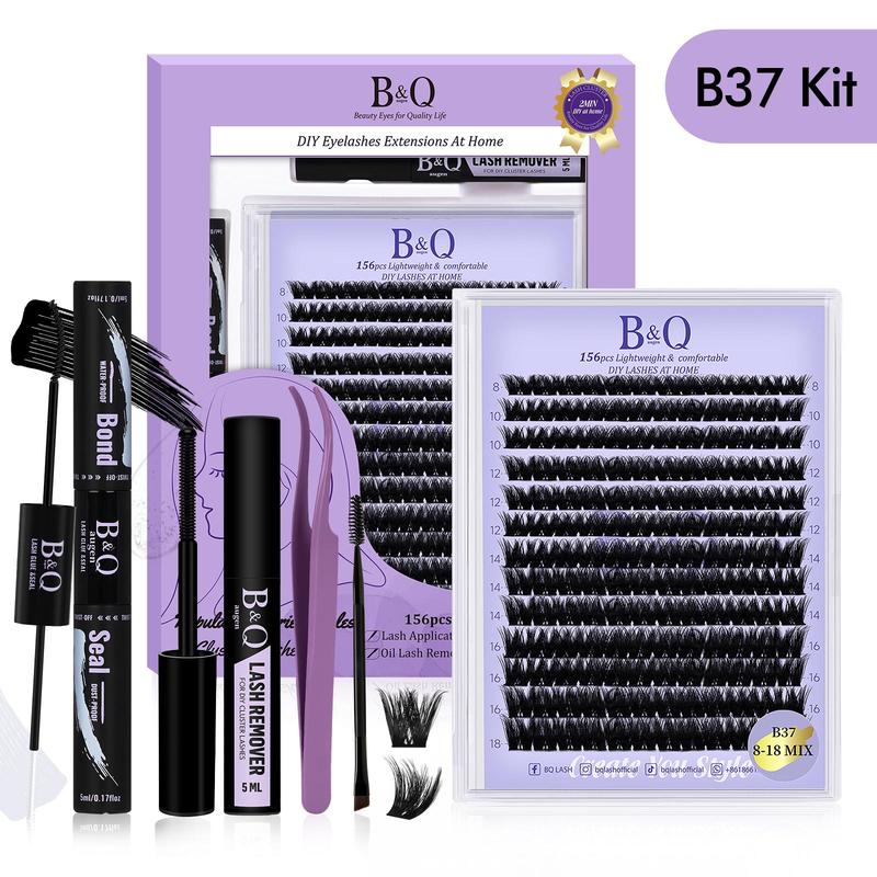 DIY Lash Extension Kit, B&Q 156pcs Lash Clusters, B37 D Curl Lash Clusters Kit, Waterproof Lash Clusters Kit Lash Extension Kit with Eyelash Extension Glue, Glue Remover, Lash Tweezers Lashes Clusters Kit for Eyelashes Extensions, Christmas Gift