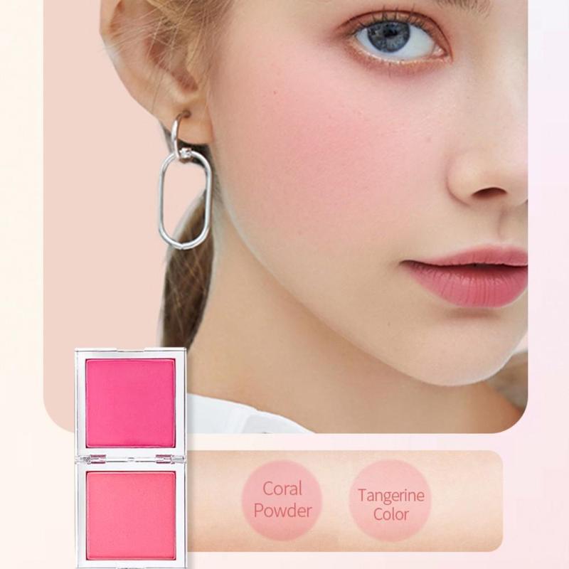 2 In 1 Long-Wearing Tinted Blush, 1 Count 2 Color Lightweight and Smooth Blush Powder Makeup Palette, Natural Look Cheeks Contour Pressed Powder Soft Color Shadow Powder for Daily Makeup