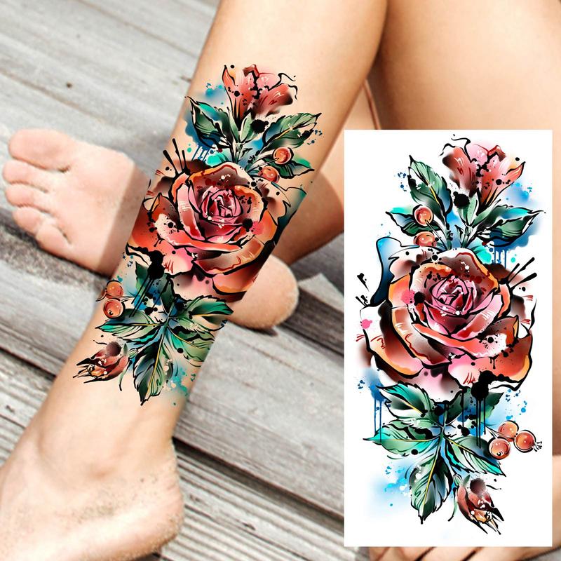 Rose & Cross Pattern Temporary Tattoo Sticker, 8 Sheets Aesthetic Rose Floral Temporary Tattoo Sticker, Party Decoration Supplies