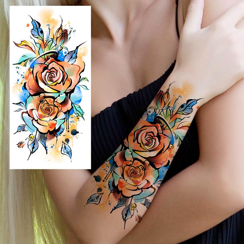 Rose & Cross Pattern Temporary Tattoo Sticker, 8 Sheets Aesthetic Rose Floral Temporary Tattoo Sticker, Party Decoration Supplies