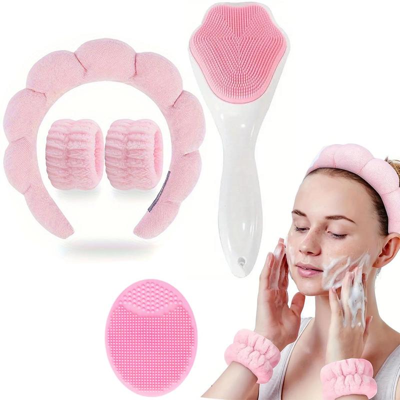 Facial Care Tool Set, 5 Counts set Double-sided Silicone Facial Brush & Wristband & Headband & Wrist Washband, Manual Massage Brush, Skin Care Tool