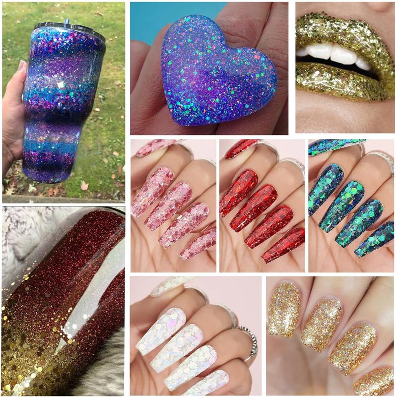 12 Colors of Holographic Chunky Glitter with Quick Dry Glue, 12 Pots Total 120g Multi-Shaped for Body Hair Face Eyes Make-up, Nail Art and Bedazzling in Party Concert Events Glitter