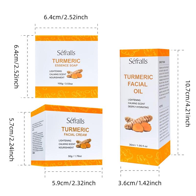 Turmeric Facial Care Kit, 3 Counts set Including Turmeric Facial Cream & Essence Soap & Facial Oil, Natural Ingredients Mild and Non Irritating Cleaning Kit