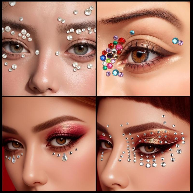 Self Adhesive Face Rhinestone Sticker with Tweezers, 4 Counts set Face Gems Sticker for Makeup, Stick on Face Decoration Sticker for Nail, Eye, Hair, Body, Craft