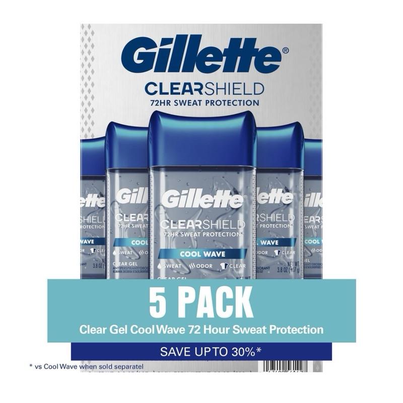 Gillette Cool Wave Clear Gel Men's Antiperspirant and Deodorant, Last long for 72 hours 3.8 oz., 5 packs Body Care Comfort Scent Cleanser