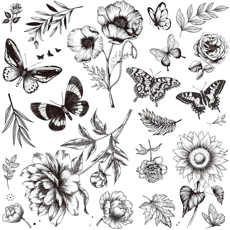 6 Sheets Black Flower Butterfly Temporary Tattoos For Women Girls Long Lasting Realistic Waterproof Fake Tattoos Arm Legs Chest Body Art Sketch Tattoo Stickers