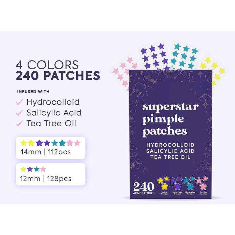 Star Pimple Patches for Face w Hydrocolloid, Salicylic Acid & Tea Tree | 240 Patches | Hydrocolloid Acne Patches, Cute Star Pimple Patches for Healing Stickers Zit Patch Superstar