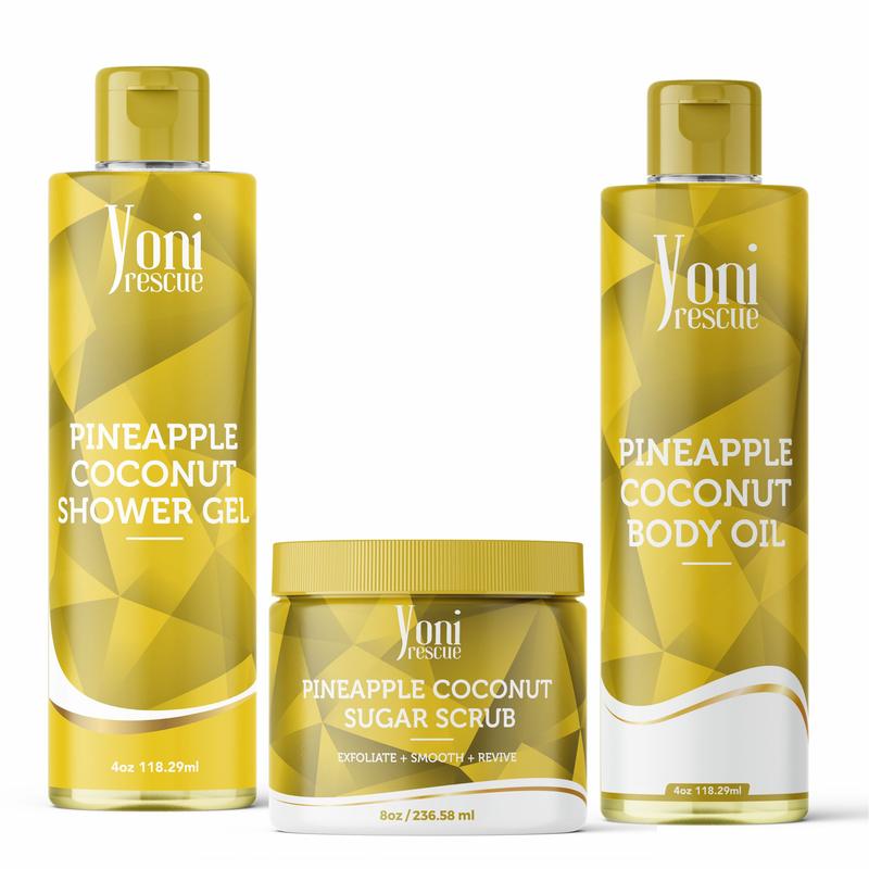 Pineapple Coconut Body & Bath Care Set- Shower Gel(4oz),  Body Essential Oil(4oz) 100% All Natural with Sugar Scrubs(8oz) by Yoni Rescue