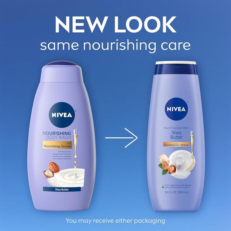 NIVEA Body Wash Set with Nourishing Serum, Moisturizing Body Wash for Dry Skin, Shea Butter Nourishing Body Wash, 20 Fl Oz + White Peach and Jasmine Body Wash, 20 Fl Oz, Holiday Gifts for Women