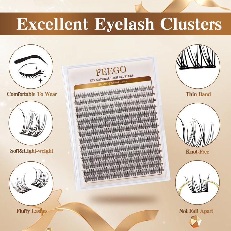 FEEGO Natural Lash Extension Kit 168Pcs Lash Clusters Kit Wispy Eyelash Extensions 9-12MM Individual Lashes Extensions Waterproof Lash Kit with Bond and Seal Lash Glue and Eyelash Extension Tweezers DIY at Home Makeup Cosmetic