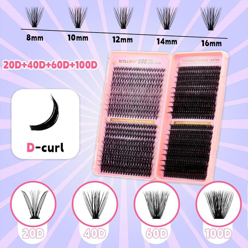 Individual False Eyelashes with Eyelash Extension Glue & Lash Remover & Tweezer, 1 Box Self Grafting Curl Eyelashes for Eyelash Extensions, Eye Makeup Enhancement False Eyelashes, Lash Clusters Kit, Makeup Set, Christmas Gift