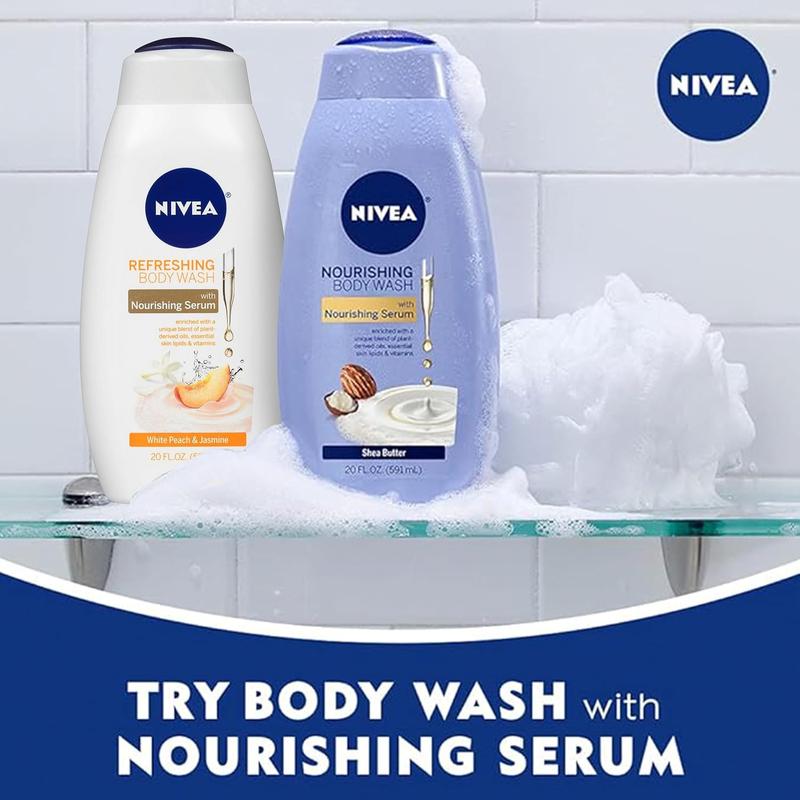 NIVEA Body Wash Set with Nourishing Serum, Moisturizing Body Wash for Dry Skin, Shea Butter Nourishing Body Wash, 20 Fl Oz + White Peach and Jasmine Body Wash, 20 Fl Oz, Holiday Gifts for Women