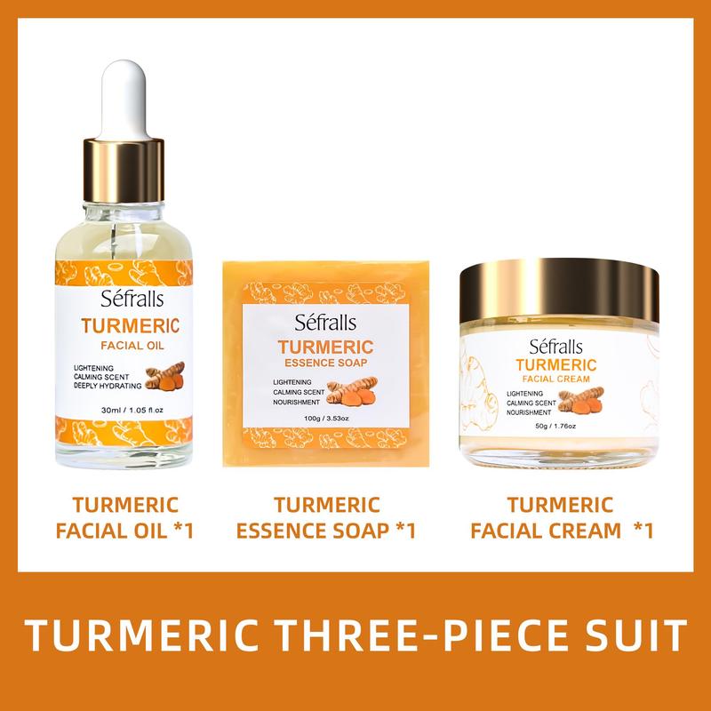 Turmeric Facial Care Kit, 3 Counts set Including Turmeric Facial Cream & Essence Soap & Facial Oil, Natural Ingredients Mild and Non Irritating Cleaning Kit