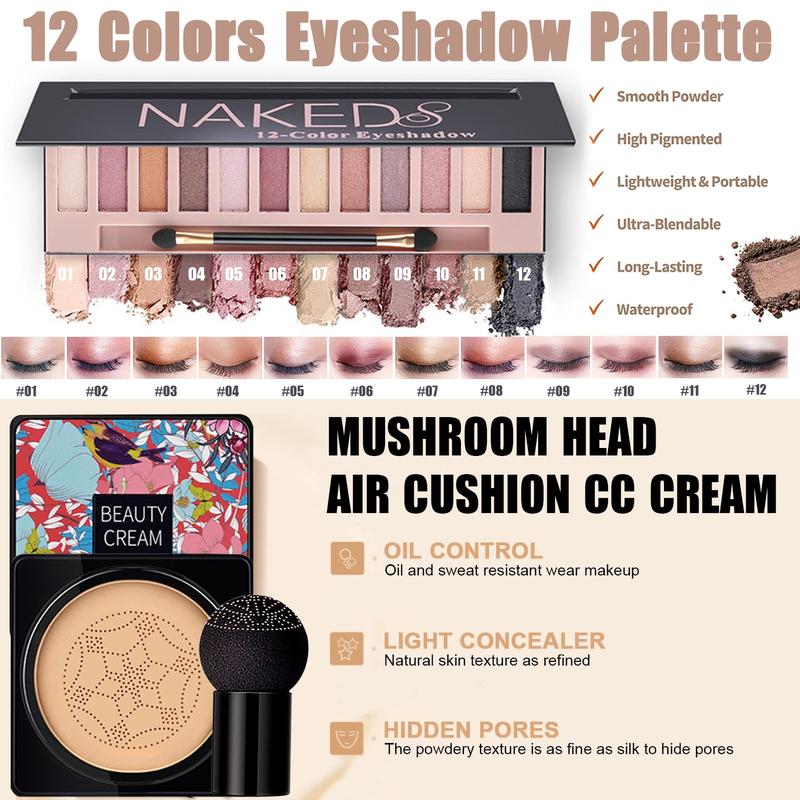 All in One makeup kit, includes Naked eyeshadow, liquid foundation, CC Cream, lipstick set, mascara, makeup brush, makeup sponge, eyebrow powder, eyebrow soap, eyeliner stamp, primer, contour stick, cosmetic bag