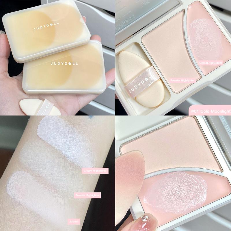 Judydoll Dual-Color Anti-smudge & Brightening Highlighter Palette For A Fair Complexion, 2 In 1 Powder and Cream Makeup Highlighter, Perfect For Contouring And Brightening Your Face, Long-Lasting