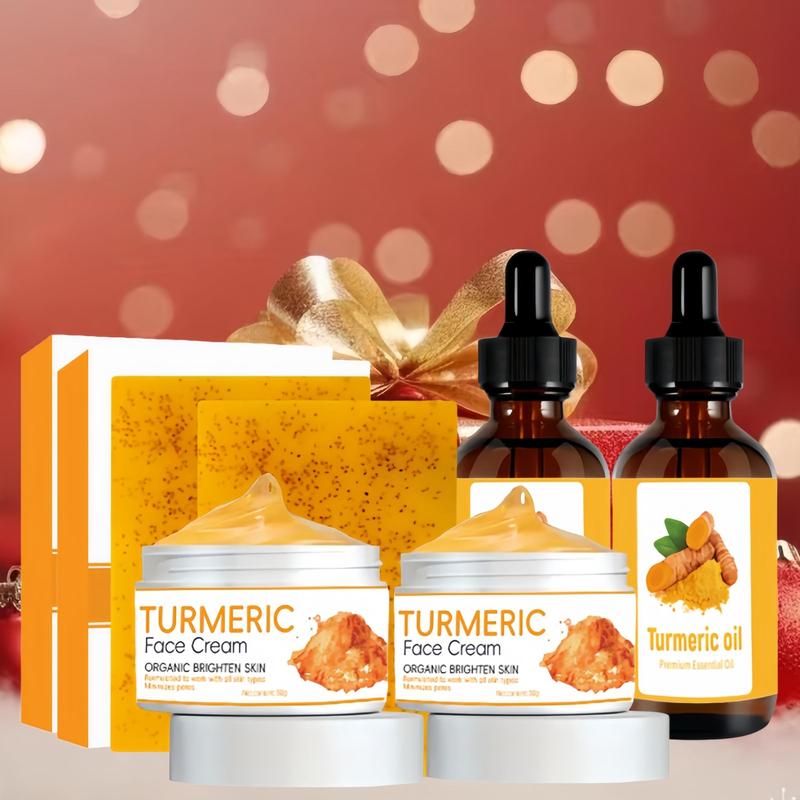 Turmeric Face Care Set, Cream & Oil & Soap, 6 Counts set Moisturizing Brightening Facial Skin Care Kit, Daily Skincare Product for Women & Men, Christmas Gift