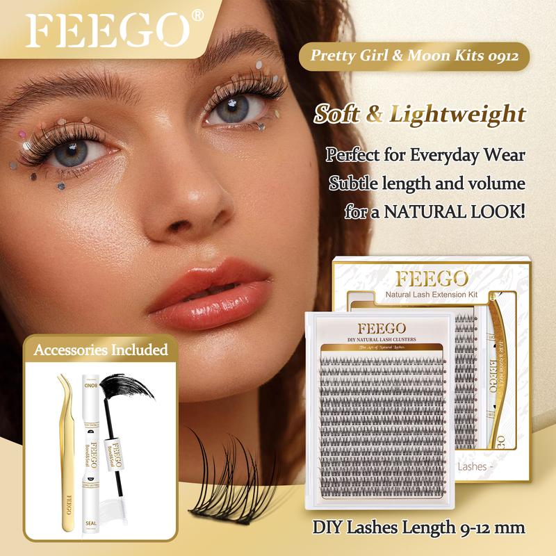 FEEGO Natural Lash Extension Kit 168Pcs Lash Clusters Kit Wispy Eyelash Extensions 9-12MM Individual Lashes Extensions Waterproof Lash Kit with Bond and Seal Lash Glue and Eyelash Extension Tweezers DIY at Home Makeup Cosmetic