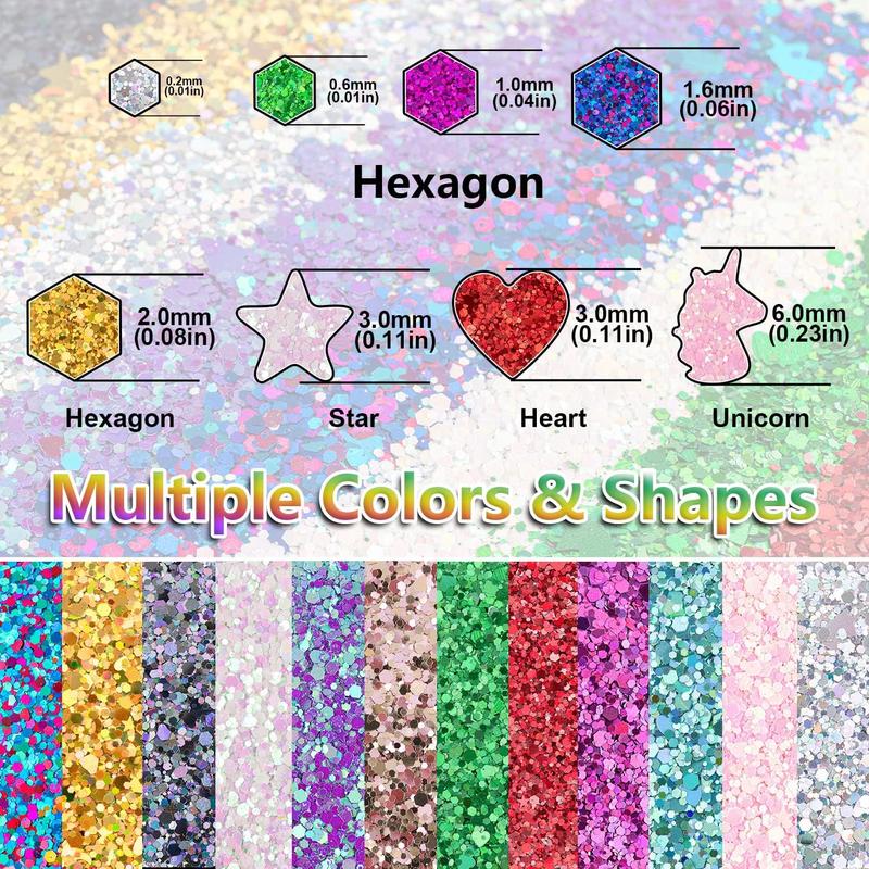 12 Colors of Holographic Chunky Glitter with Quick Dry Glue, 12 Pots Total 120g Multi-Shaped for Body Hair Face Eyes Make-up, Nail Art and Bedazzling in Party Concert Events Glitter