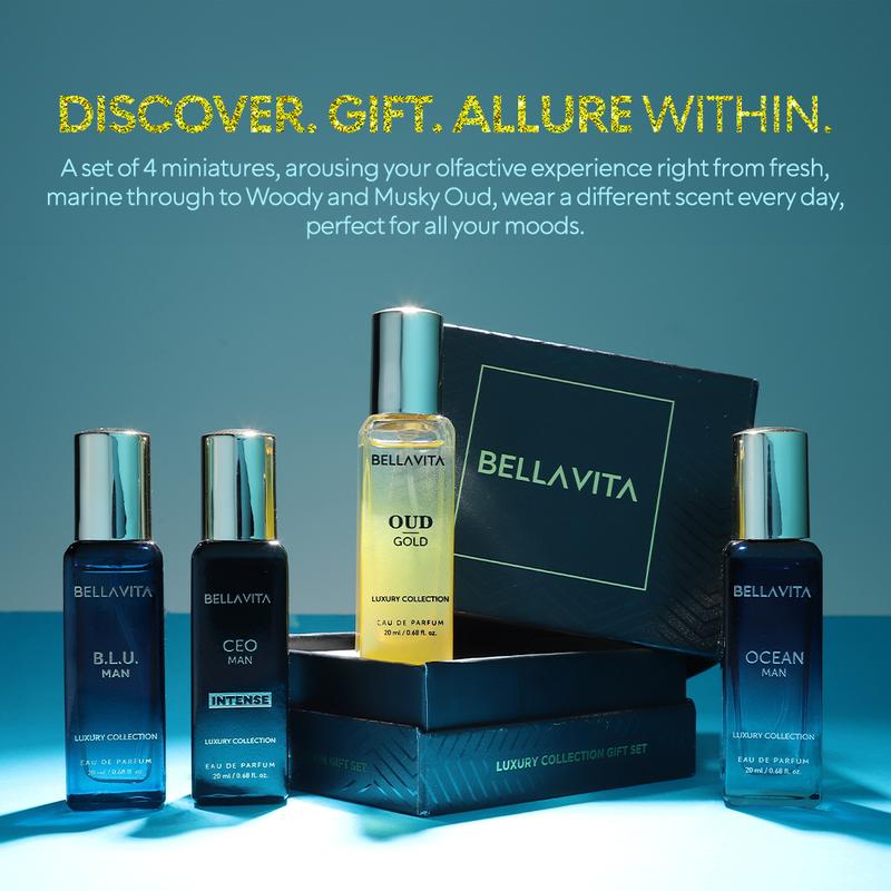 Luxury Collection Gift Set by BellaVita Luxury | 4 Minis | For Men & Women | Oud Gold, CEO Man Intense, Ocean Man, BLU Man | EDP | 4x20 ml