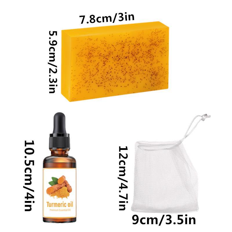 Turmeric & Kojic Acid Brightening Soap & Facial Oil & Foaming Net Set, 4 Counts set Moisturizing Skin Care Kit, Daily Skincare Set for Women & Men