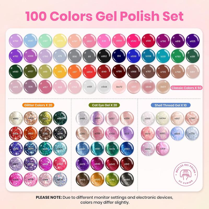 Beetles Gel Nail Polish Set,100 Colors Gel Polish Set Base Coat Glossy Matte Glitter Top Coat Gel Nail Polish Glitter Pearl Cat Eye Gel White Red Brown Green Blue Pink Nude Gel Gift for Women