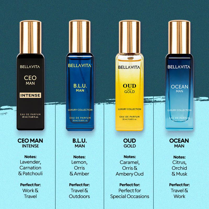 Luxury Collection Gift Set by BellaVita Luxury | 4 Minis | For Men & Women | Oud Gold, CEO Man Intense, Ocean Man, BLU Man | EDP | 4x20 ml